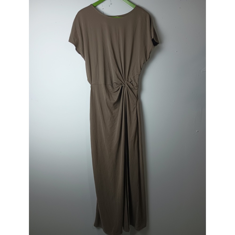 Open Edit Brown Twist Front Cutout Maxi Dress Short Sleeve Slit Taupe Large